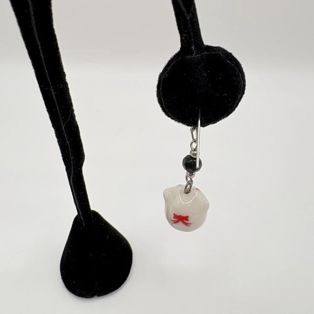 Japanese Maneki Neko Lucky Cat Earrings Ceramic Hand Painted Dangle Jewelry